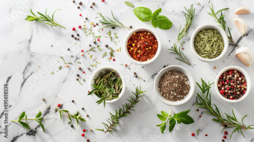 Flat lay image of fresh culinary herbs and spices on a simple backdrop, showcasing their high fiber and vitamin content