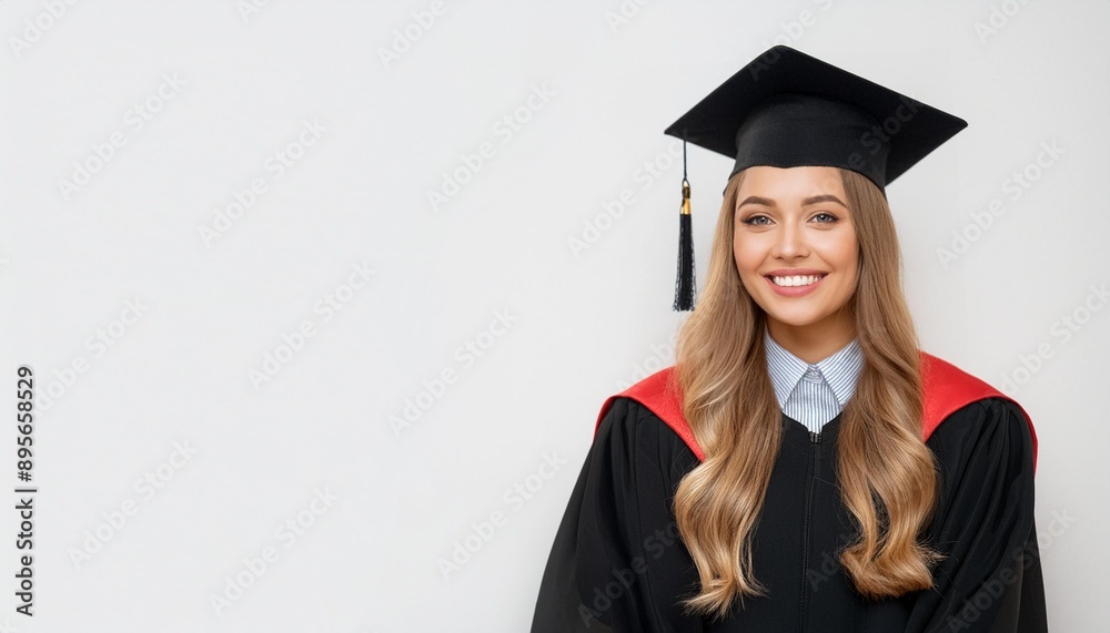 A smiling graduate wearing a cap and gown, celebrating a significant academic achievement with pride. A smiling graduate wearing a cap and gown, celebrating a significant academic achievement with pride.