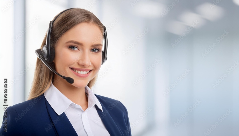 A professional woman with a headset smiles confidently in a modern office environment, representing customer service and communication. A professional woman with a headset smiles confidently in a modern office environment, representing customer service and communication.