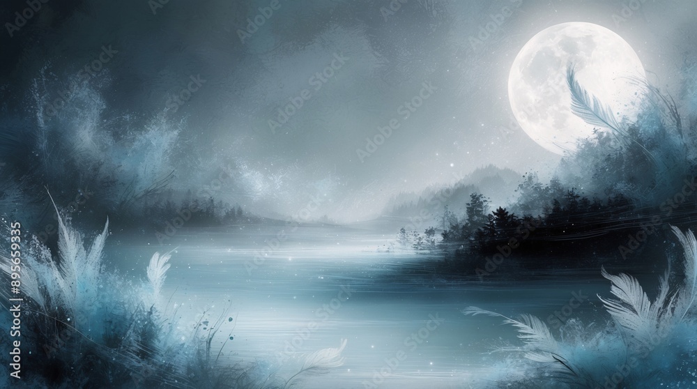 Obraz premium Abstract watercolor black and blue nighttime scene of a landscape with a full moon illustration.