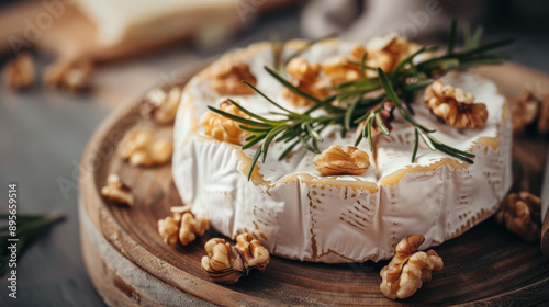 Gourmet Camembert cheese accompanied by walnuts and rosemary sprigs, perfect for a cheese board