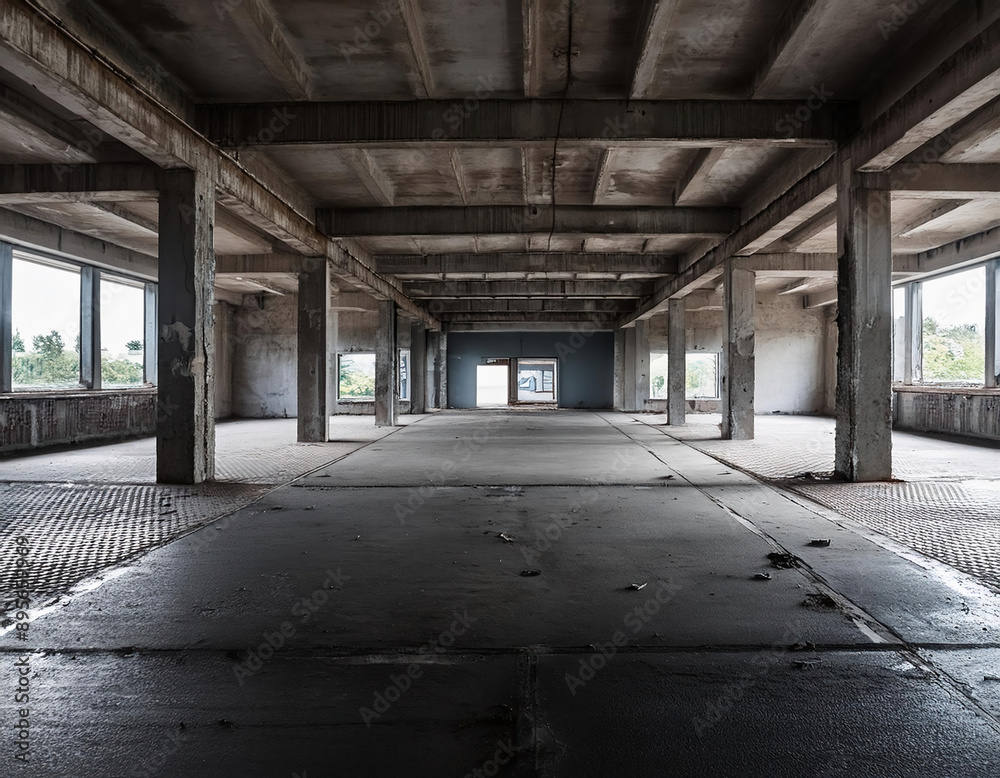 An abandoned building with concrete floors and stairs showing signs of neglect. An abandoned building with concrete floors and stairs showing signs of neglect.