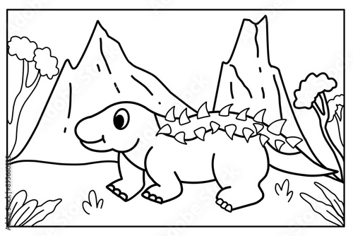 dinosaur land coloring page with ankylosaur illustration with nature and mountains background
