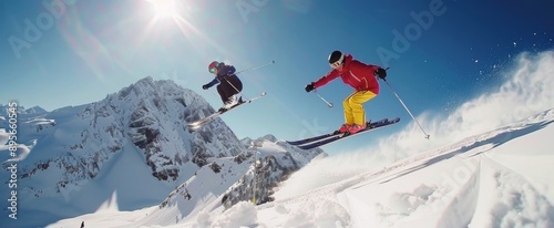 Two Skiers Soaring in the Alps