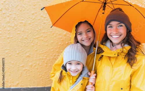 Mother And Daughters Under Umbrella On Rainy Day