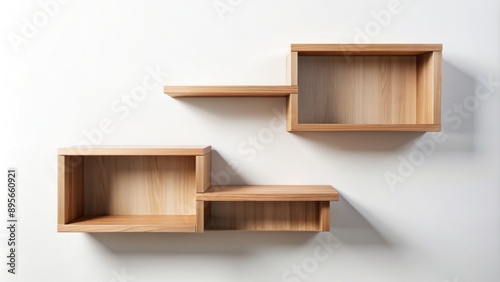 Simple modern minimalist wooden wall shelves with clean lines and rectangular shape isolated on pure white background.