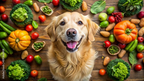 Adorable golden retriever surrounded by crisp vegetables and nutritious dog food, gazing up with an utterly joyful and contented expression.