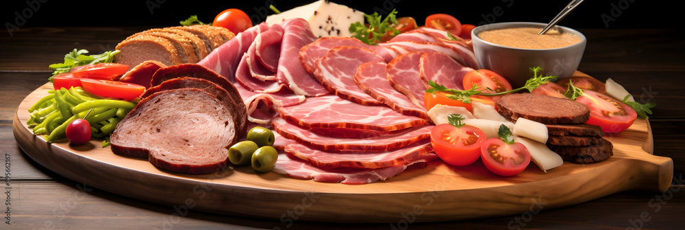 Assortment of Freshly Sliced Deli Meats on a Wooden Cutting Board Assortment of Freshly Sliced Deli Meats on a Wooden Cutting Board