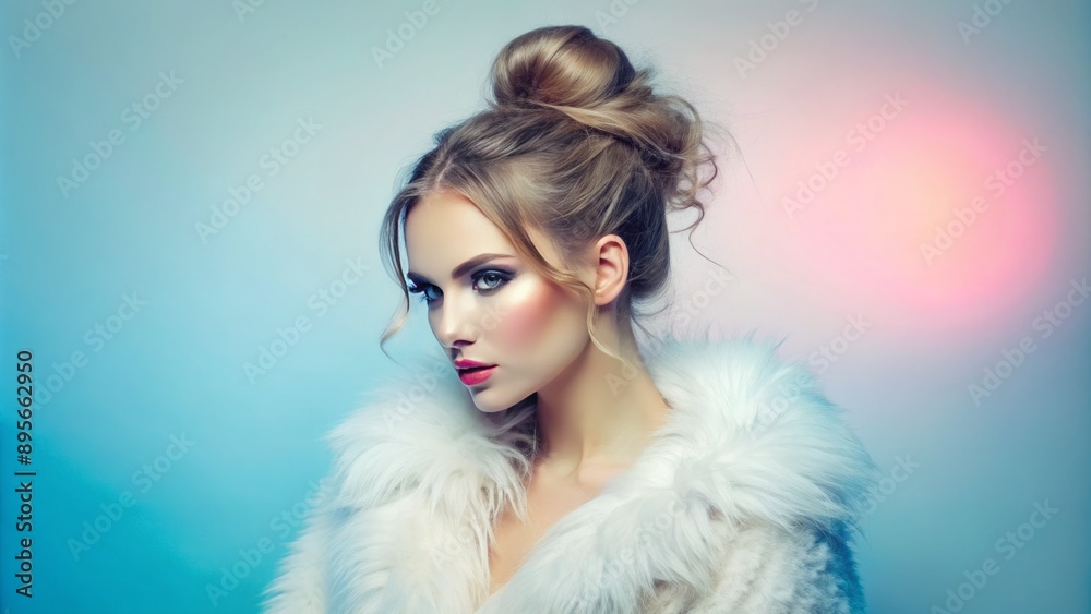 Glamorous isolated female model in winter white fur coat with messy bun against soft blue and pink gradient background. Glamorous isolated female model in winter white fur coat with messy bun against soft blue and pink gradient background.