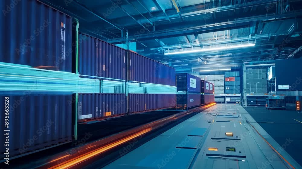 Neon-lit shipping container moving along conveyor belt in futuristic warehouse with vibrant blue and orange tones Neon-lit shipping container moving along conveyor belt in futuristic warehouse with vibrant blue and orange tones