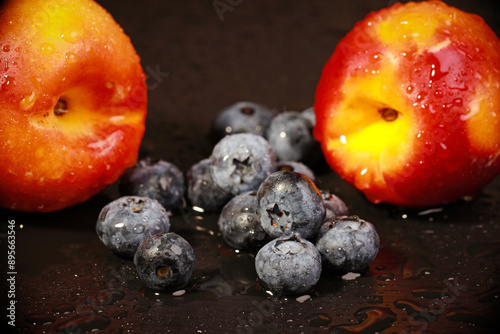 fresh nectarines in water drops	Palette with paints and canvases.
 photo