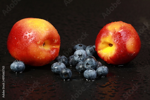 fresh nectarines in water drops	Palette with paints and canvases.
 photo