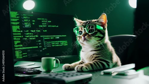 Funny cat wearing glasses coding at computer, funny tech concept photo