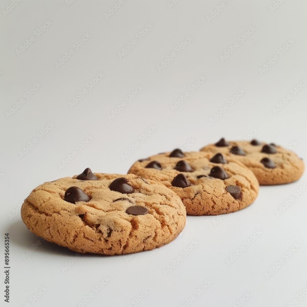 three chocolate chip cookies are lined up on a white surface