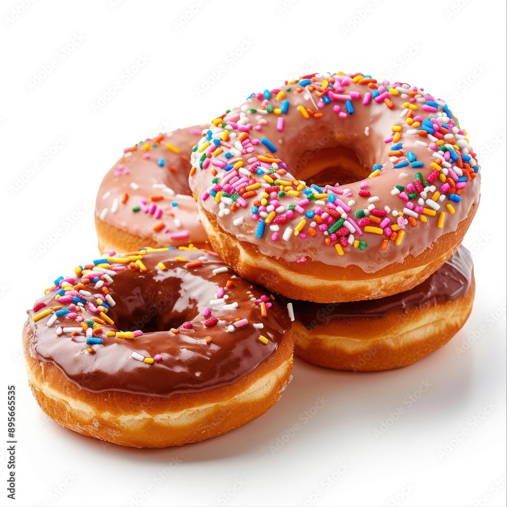 three donuts with chocolate frosting and sprinkles on a white surface three donuts with chocolate frosting and sprinkles on a white surface