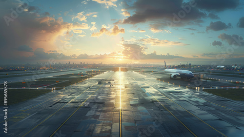 Morning at a futuristic airport with a Boeing 787-9, city in background.generative ai