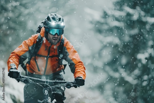 Cyclist Riding Through Winter Snow