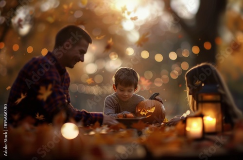 Family Gathering Around Lanterns on Halloween Evening