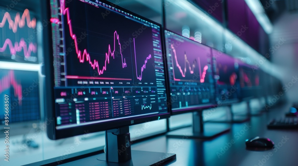A cutting-edge financial research lab with multiple screens displaying detailed financial graphs. Arrows in neon colors point out significant data trends. A cutting-edge financial research lab with multiple screens displaying detailed financial graphs. Arrows in neon colors point out significant data trends.