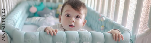 A baby exploring a babyproofed nursery with padded corners and safety guards, pastel colors, realistic style, high resolution
