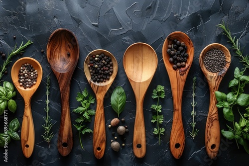 A culinary arrangement of assorted spices in wooden spoons with green herbs on a dark background