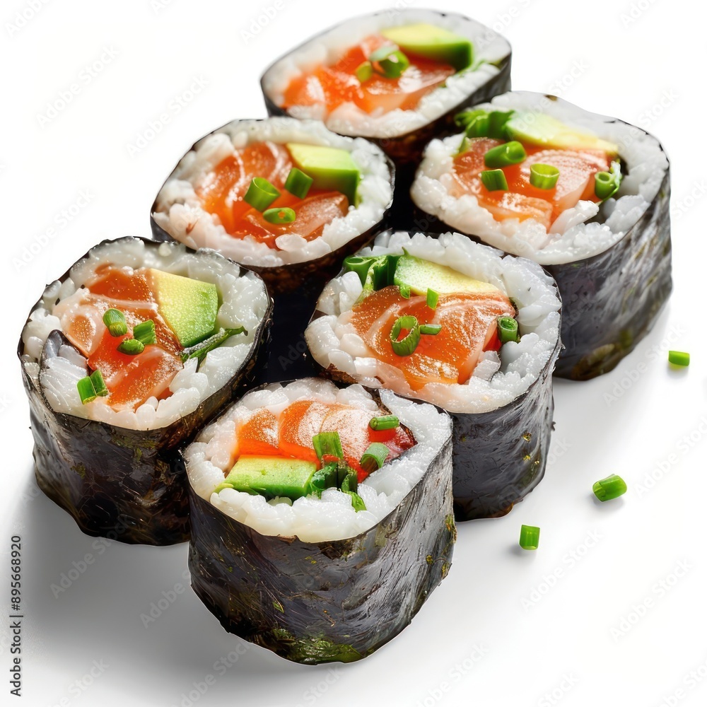 several sushi rolls with salmon, avocado, and green onions several sushi rolls with salmon, avocado, and green onions