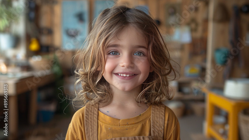 child smiling in kindergarten indoors painting and playing, body from waist to head, generatiive ai