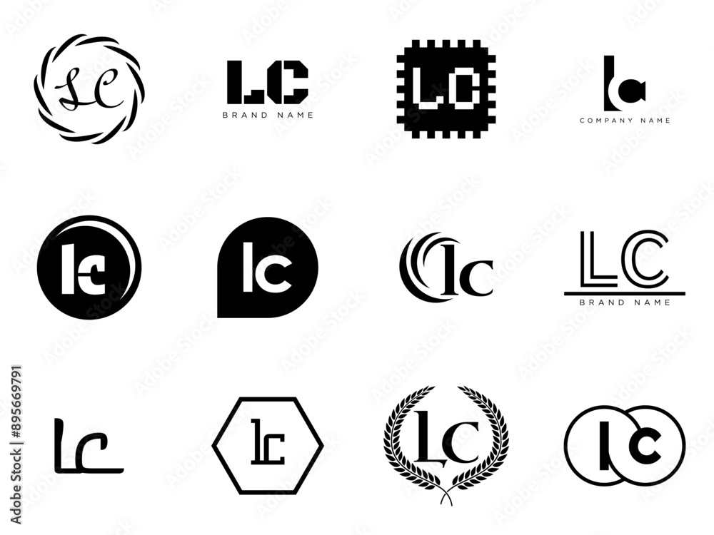 LC logo company template. Letter l and c logotype. Set different classic serif lettering and modern bold text with design elements. Initial font typography.