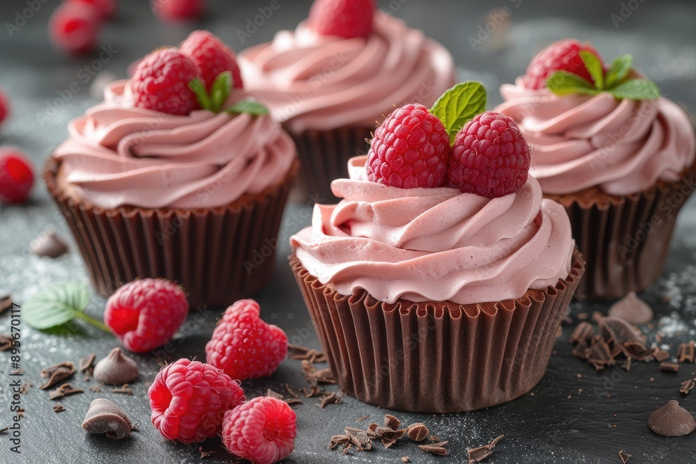 Chocolate cupcakes topped with pink frosting and raspberries scattered on a dark surface with chocolate shavings Chocolate cupcakes topped with pink frosting and raspberries scattered on a dark surface with chocolate shavings