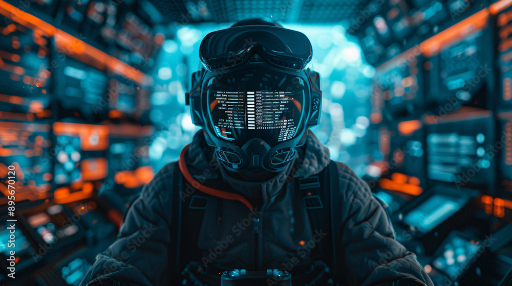 Futuristic Hacker in High-Tech Command Center Futuristic Hacker in High-Tech Command Center