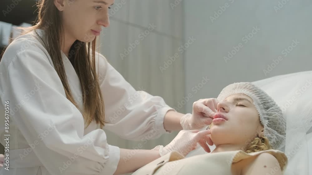 Close-Up of Cosmetologist's Hands Examining Lips