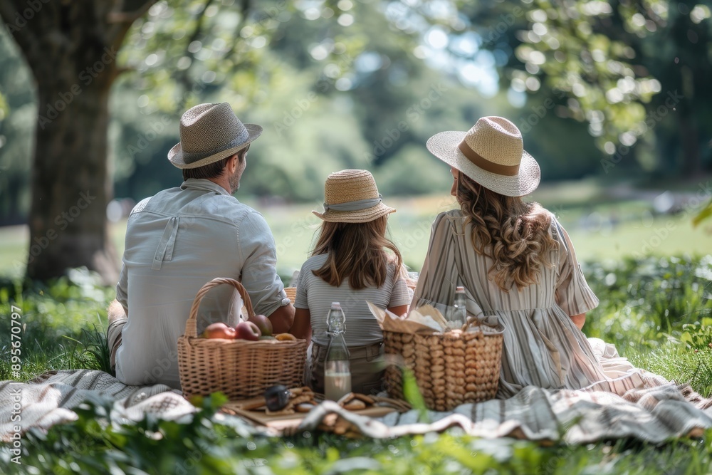 Obraz premium A family of three enjoys a serene picnic under a large tree in a lush green park, exuding happiness and togetherness, with lovely baskets and natural surroundings enhancing the charm.