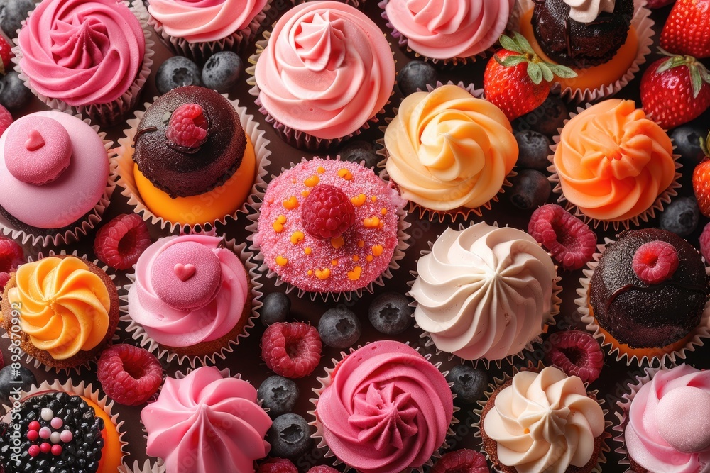 A Close Up of Various Flavors and Decorations of Cupcakes Raspberries and Blueberries Surrounded by Dark Brown Background A Close Up of Various Flavors and Decorations of Cupcakes Raspberries and Blueberries Surrounded by Dark Brown Background
