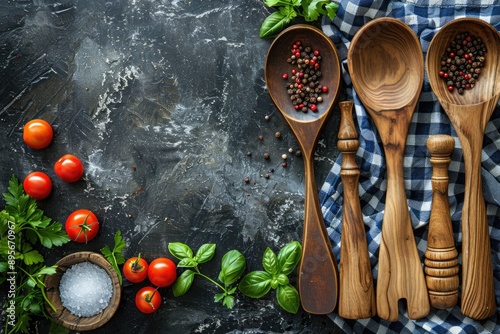 Wooden spoons fresh herbs and spices arranged on a dark countertop ready for culinary creation photo