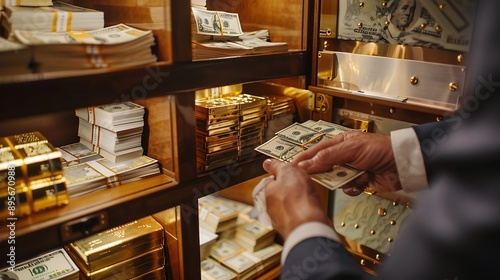 Inside a top tier safe deposit box, uncover bundles of cash, gold bars, and vital documents, representing financial assets and secure storage within a luxurious and exclusive banking environment photo