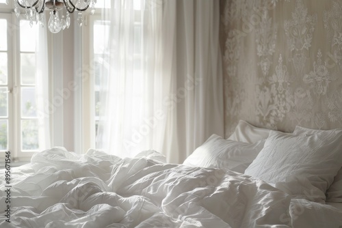 White bedding sheets and pillows in the morning light in the bedroom