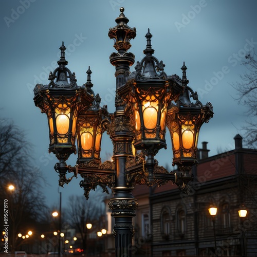 closeup of a streetlamp at night