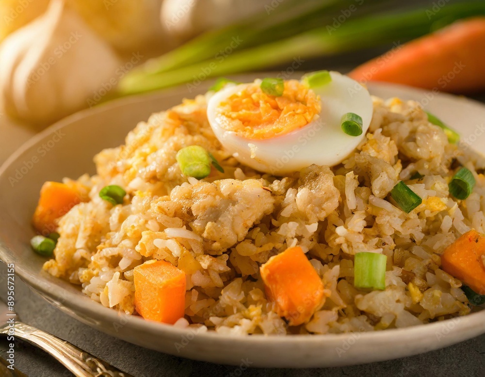 Delicious chicken fried rice with egg, carrot, garlic and green onion. Delicious chicken fried rice with egg, carrot, garlic and green onion.