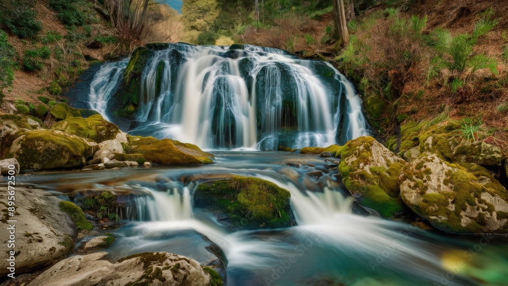 A waterfall cascading over rocks in a forested area, AI A waterfall cascading over rocks in a forested area, AI