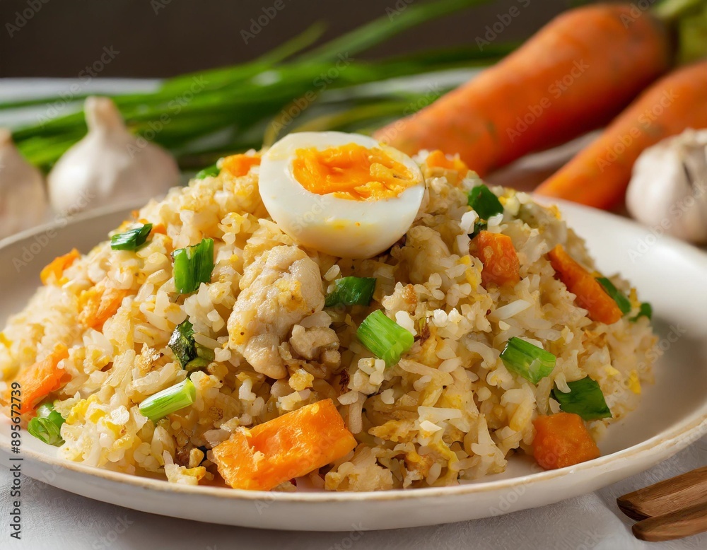 Delicious chicken fried rice with egg, carrot, garlic and green onion. Delicious chicken fried rice with egg, carrot, garlic and green onion.