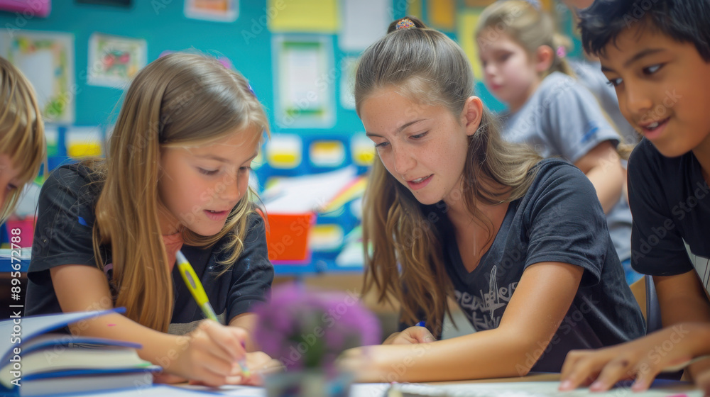 Students deeply focused on their schoolwork with a teacher offering close supervision and assistance in the classroom Students deeply focused on their schoolwork with a teacher offering close supervision and assistance in the classroom