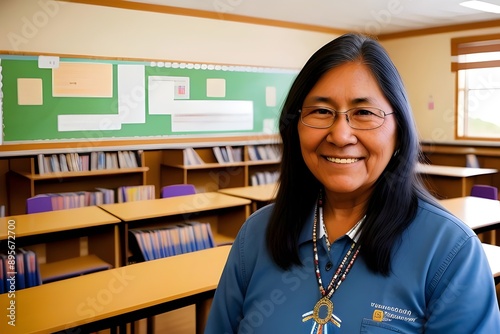 portrait of a happy  Native American woman middle aged Navajo high school teacher in a school library, educator, indigenous, academic, mentor, student, bookshelf, classroom, learning, culture, indian