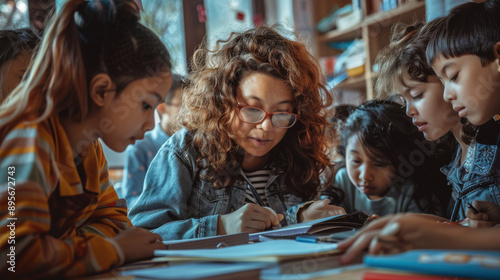 Students deeply focused on their schoolwork with a teacher offering close supervision and assistance in the classroom