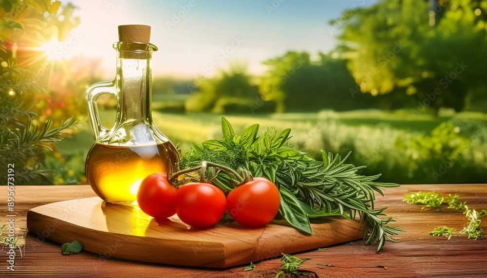 Late afternoon image of tomatoes, herbs and olive oil on a wooden table Late afternoon image of tomatoes, herbs and olive oil on a wooden table