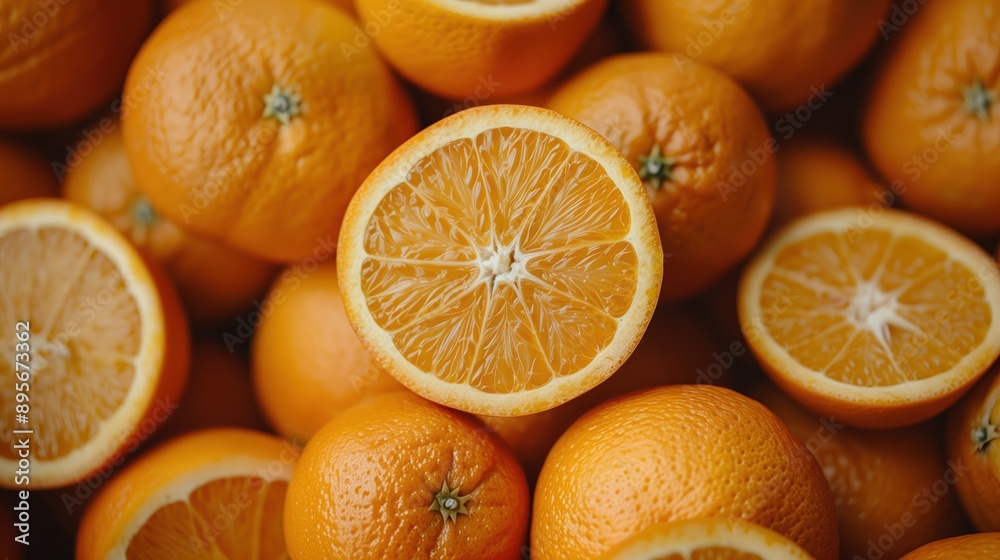 Sliced oranges on a table shot from above in natural light Sliced oranges on a table shot from above in natural light