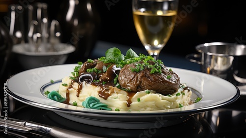 Commercial photography of pork cheeks garnish photo