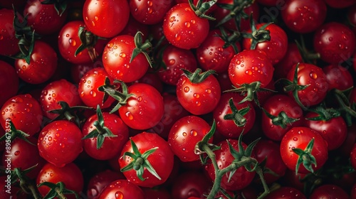 Juicy red cherry tomatoes on a vine shot from above