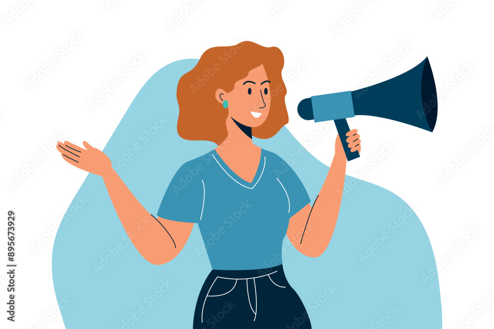 Female Speaker with Megaphone: Public Announcement or Promotion Concept Female Speaker with Megaphone: Public Announcement or Promotion Concept