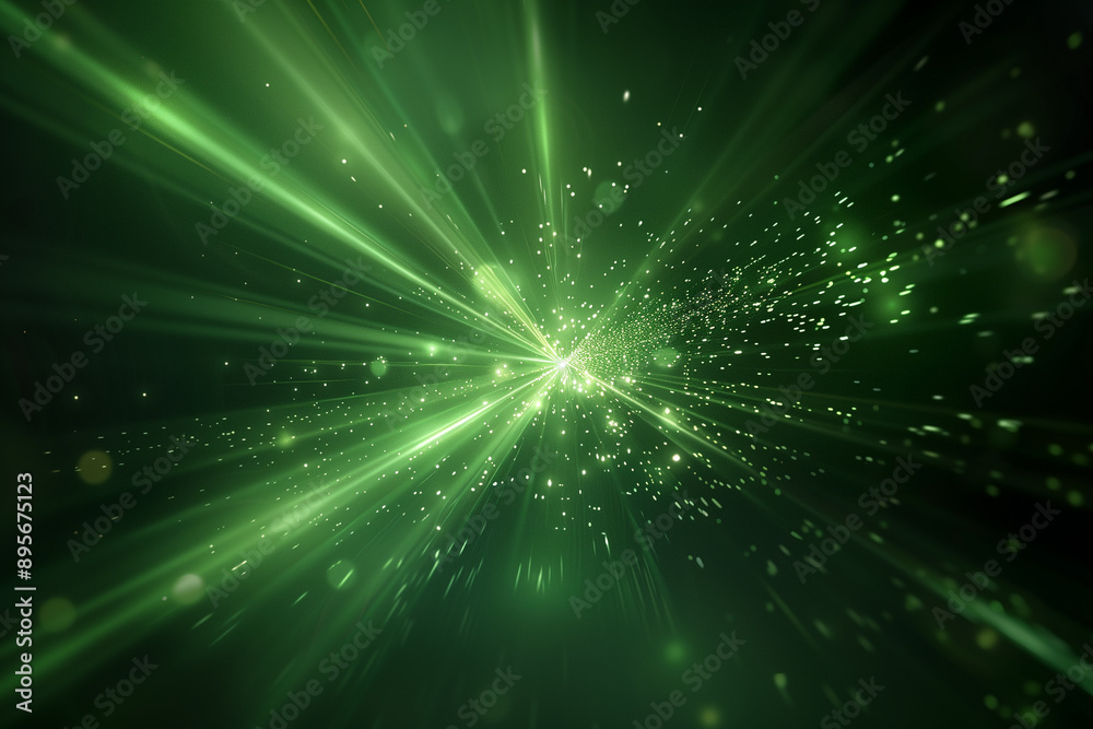 Naklejka premium Green laser beams on black background like shooting future rays. Bright light shining through the darkness.