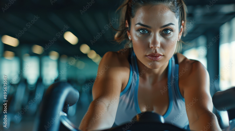 Woman doing a high-intensity workout on an exercise bike in the gym Woman doing a high-intensity workout on an exercise bike in the gym